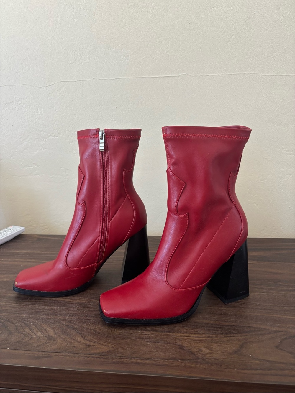 Princess Polly Red Square-Toe Block Heel Ankle Boots